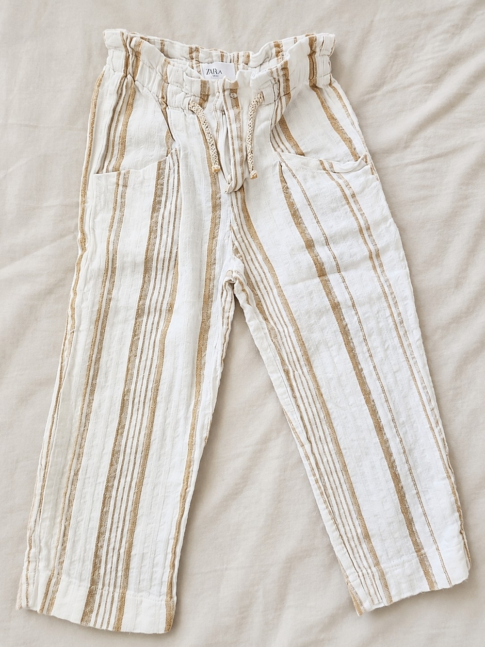 Zara Kids Cream and Tan Striped Linen-Blend Trousers